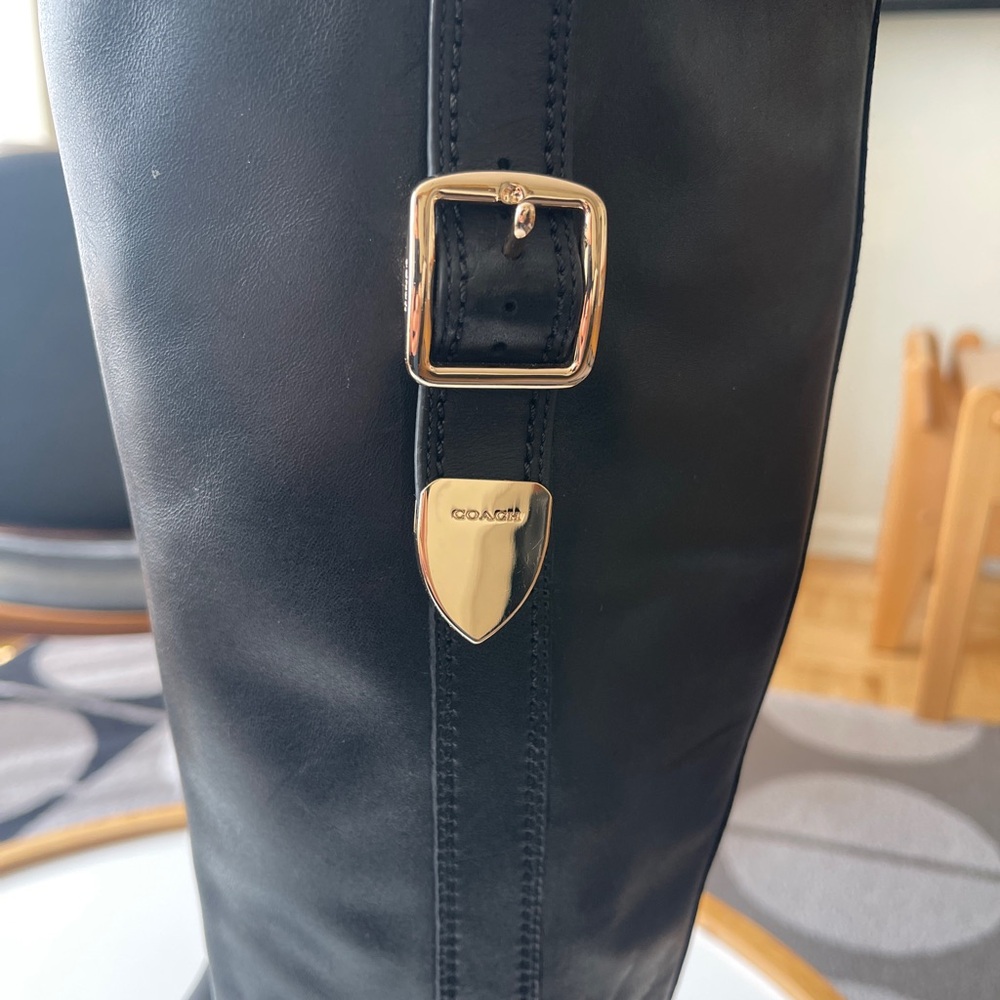 Coach Easton Black Leather Knee-High Riding Boots with Gold Accent - Picture 3 of 5